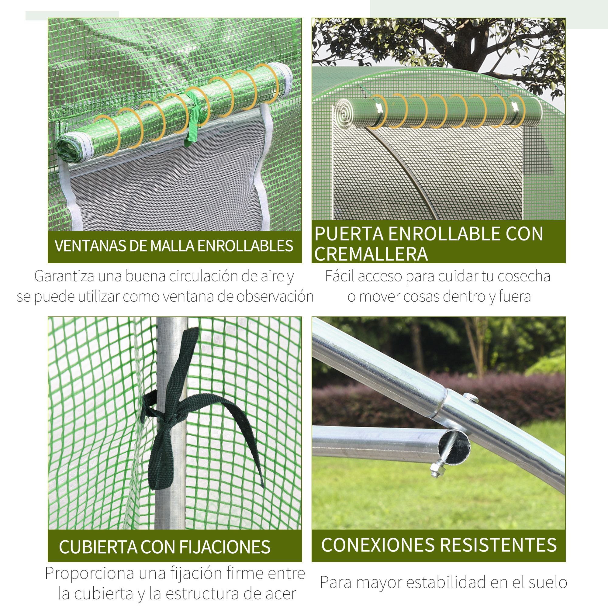Invernadero de Exterior 4,5x3x2 m Invernadero de Túnel con Paredes Laterales Enrollables 6 Ventanas de Malla y Puerta Enrollable con Cremallera Invernadero para Jardín Patio Verde