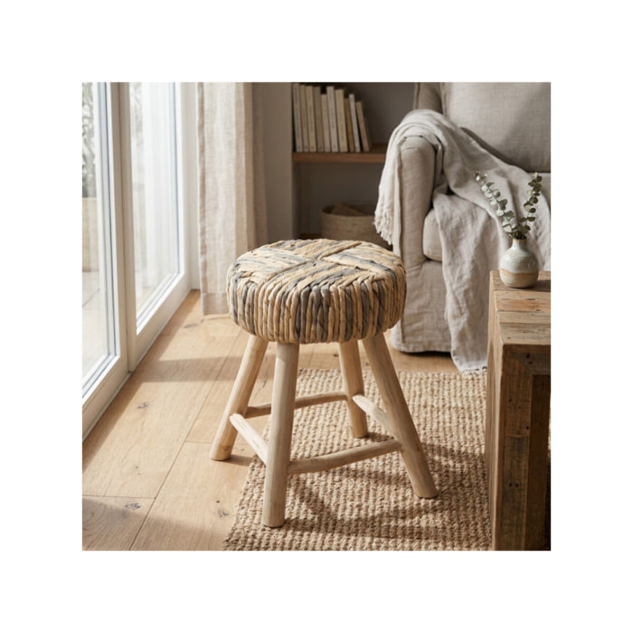 Tabouret en bois de teck avec tressage en abaca - SURYA