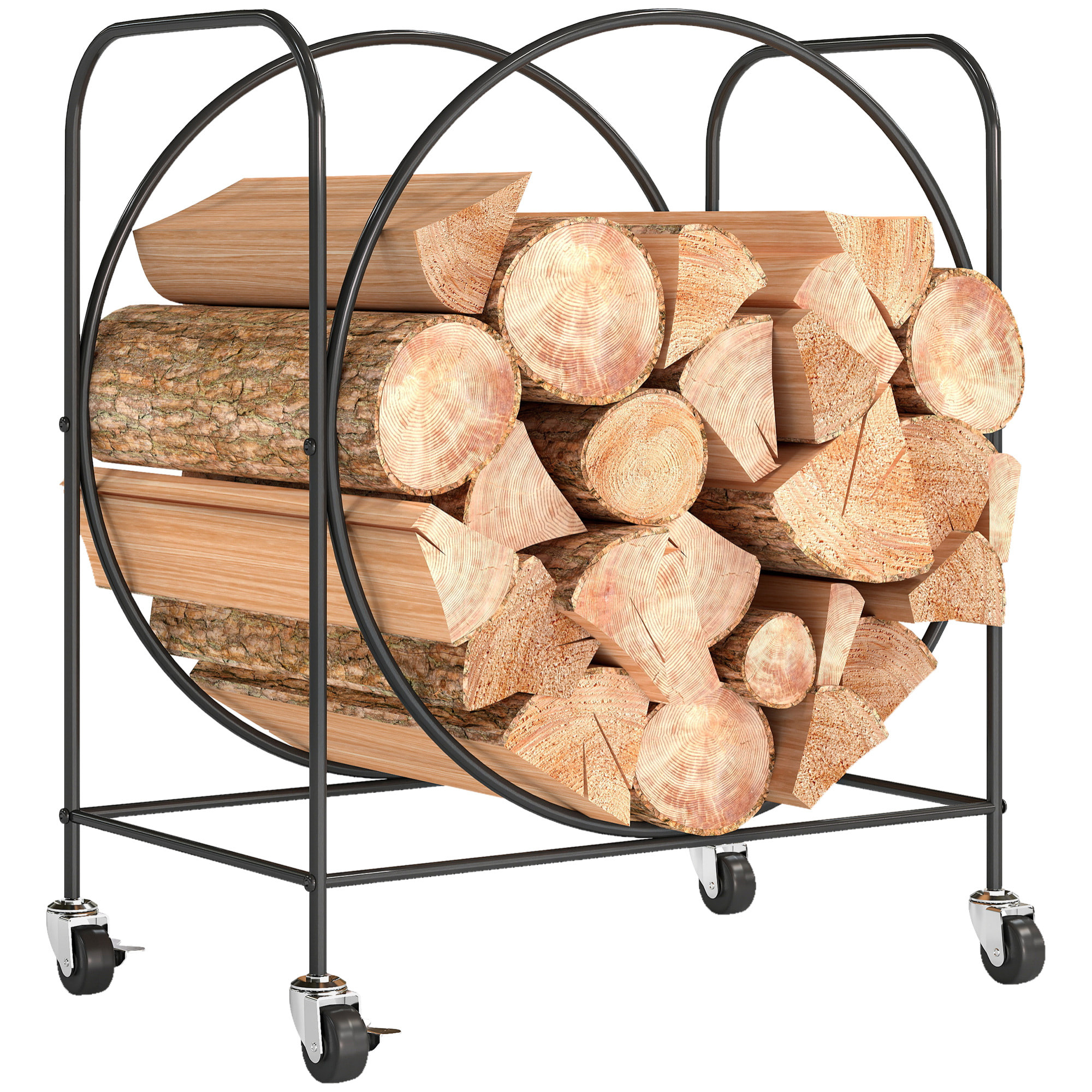 Estante de Leña de Metal con Ruedas, 51x30x60 cm, Leñero Exterior e Interior, Soporte para Leña de Chimenea, Almacenamiento para Madera, Negro