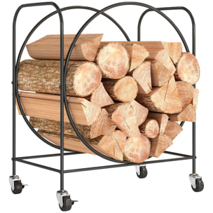 Estante de Leña de Metal con Ruedas, 51x30x60 cm, Leñero Exterior e Interior, Soporte para Leña de Chimenea, Almacenamiento para Madera, Negro