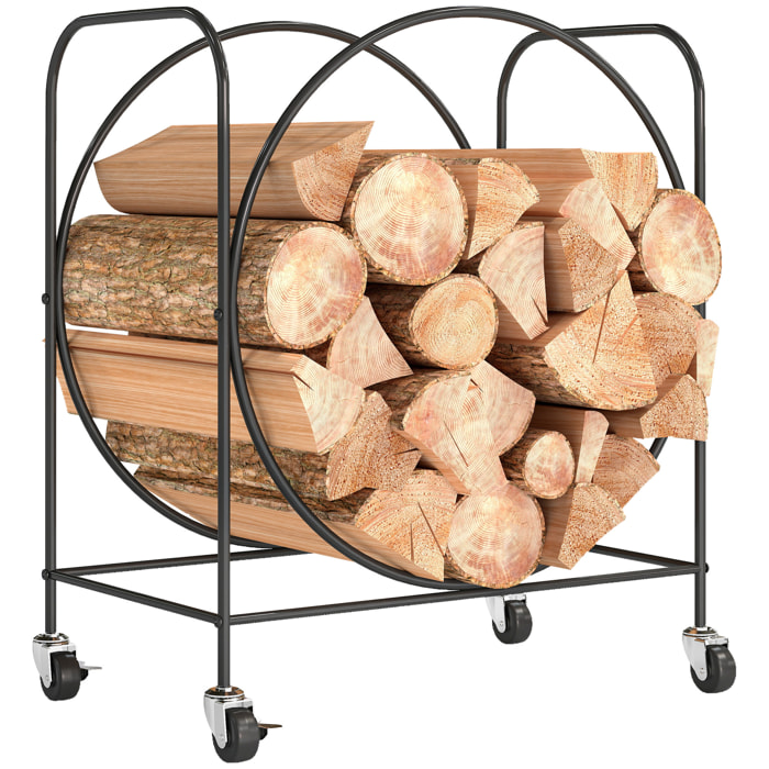 Estante de Leña de Metal con Ruedas, 51x30x60 cm, Leñero Exterior e Interior, Soporte para Leña de Chimenea, Almacenamiento para Madera, Negro