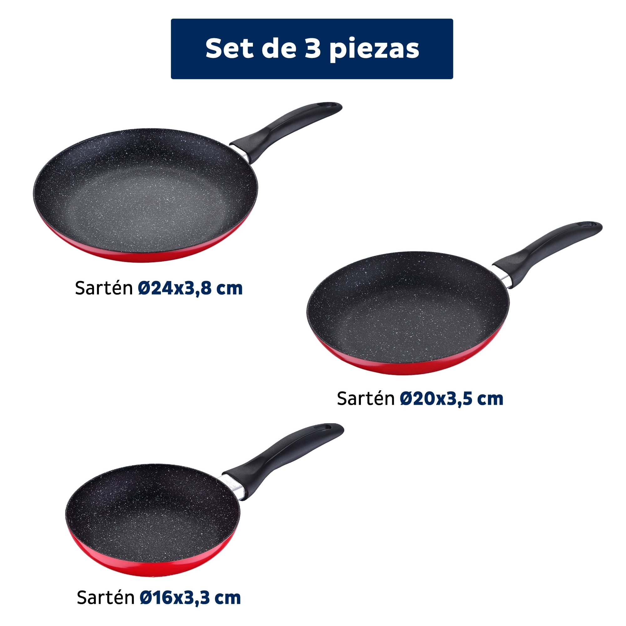 Set 8 pzs (batería de cocina onil 5 pzs + set 3 sartenes navy red & marble 16+20+24cm)
