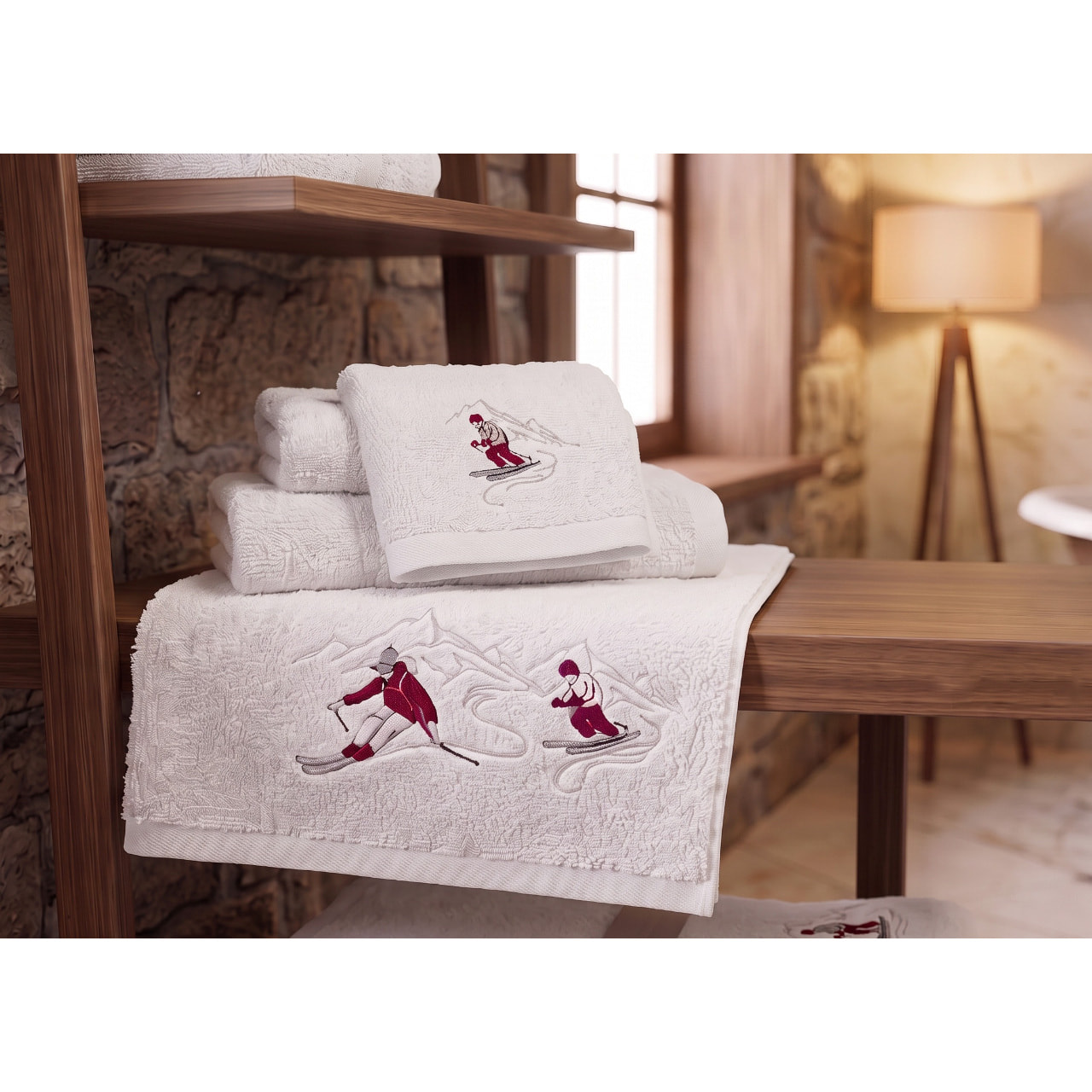 Set Asciugamano Ospite in Spugna 100% Cotone Fantasia Tirolese Natalizia Disegno Ski Bianco