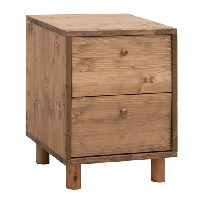 Mesita de noche de madera maciza con dos cajónes en tono roble oscuro de 51x38cm Alto: 50.5 Largo: 37.5 Ancho: 36
