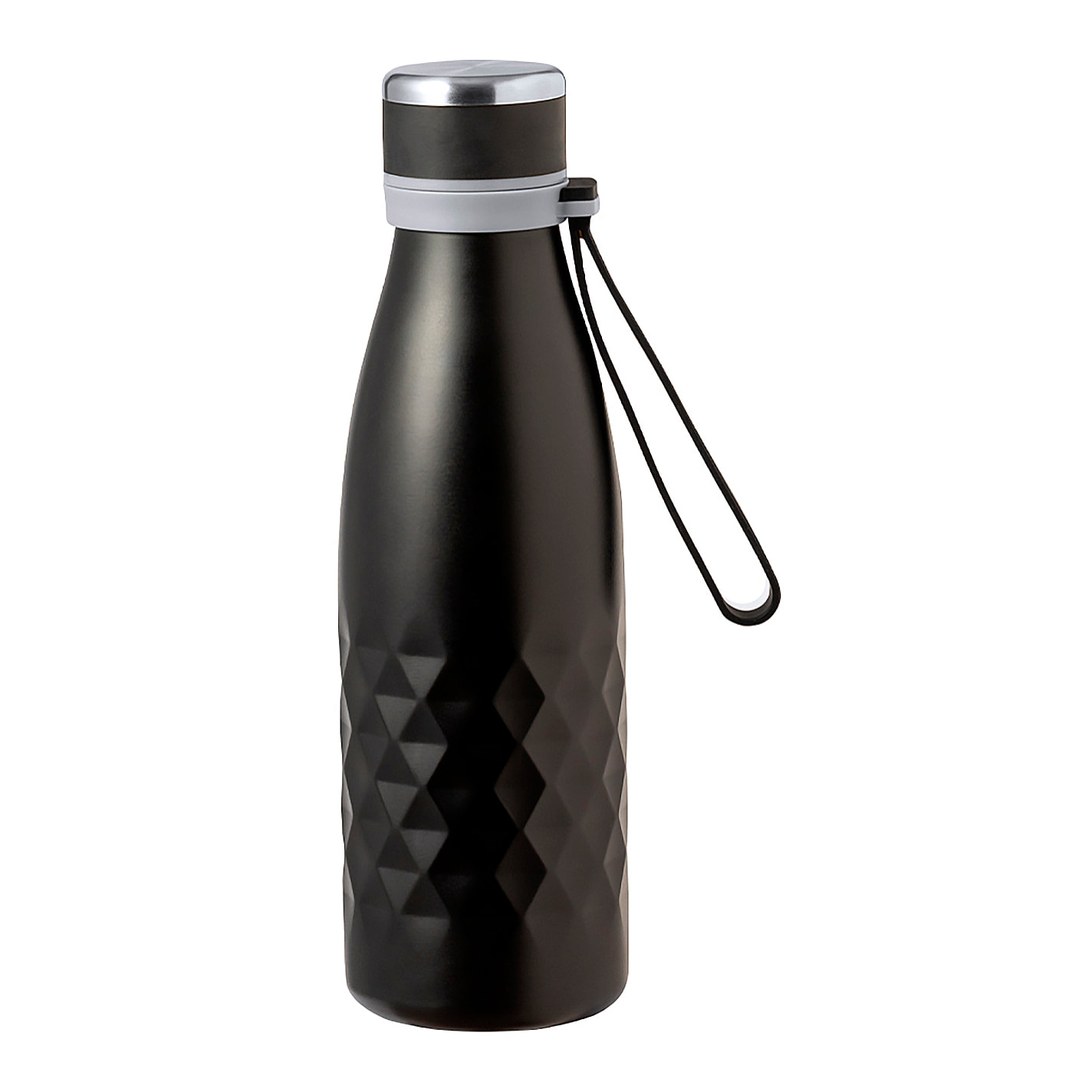 Bidón térmico de 550 ml de capacidad en acero inox de doble pared, con tapón a rosca y asa a juego en silicona.