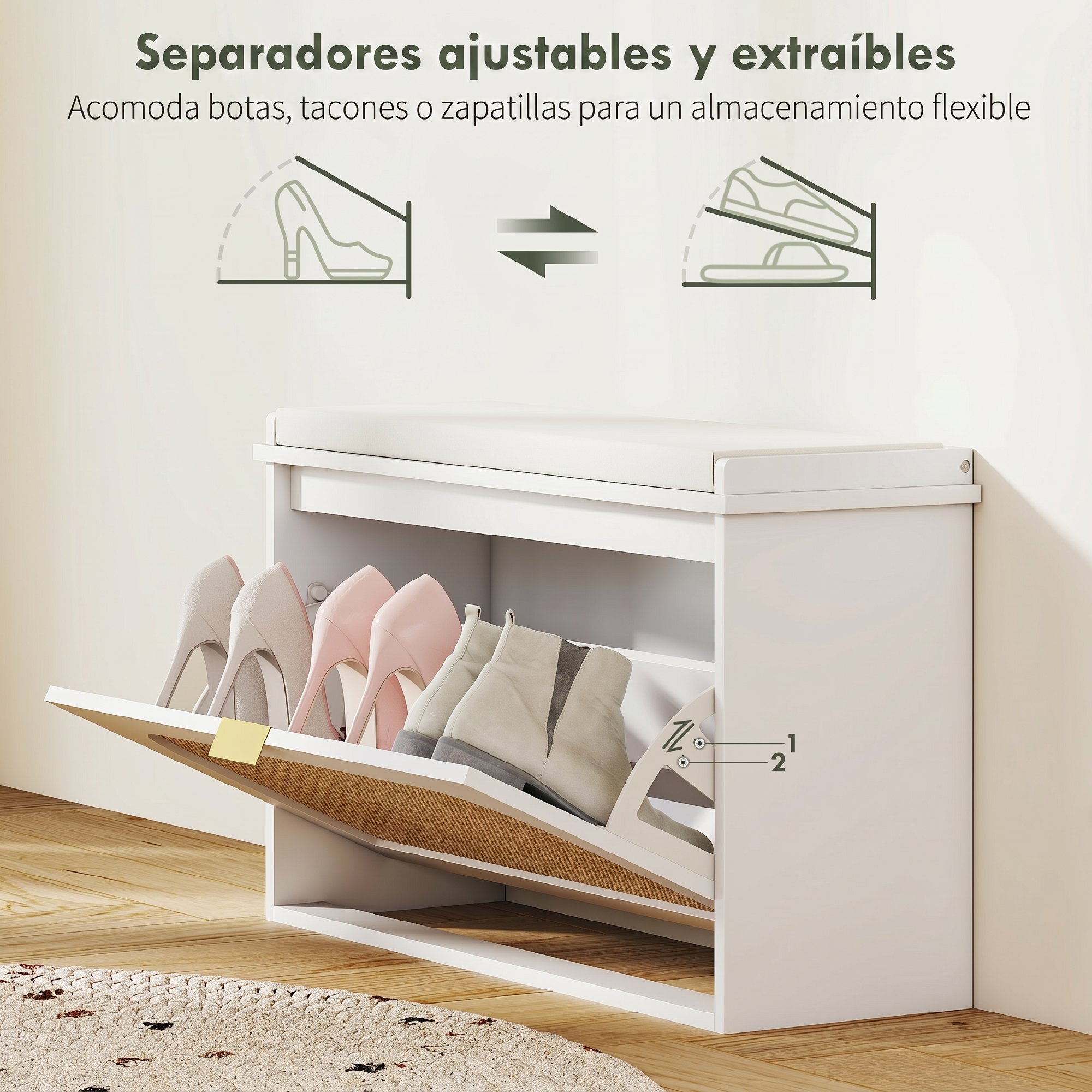 Banco Zapatero Boho, Banco Recibidor Estrecho con Asiento Acolchado, Puerta de Ratán, Cajón Abatible, Estante Ajustable, para 8 Pares de Zapatos, para Entrada, Dormitorio, 80x26x47,5 cm, Blanco