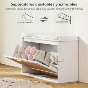 Banco Zapatero Boho, Banco Recibidor Estrecho con Asiento Acolchado, Puerta de Ratán, Cajón Abatible, Estante Ajustable, para 8 Pares de Zapatos, para Entrada, Dormitorio, 80x26x47,5 cm, Blanco