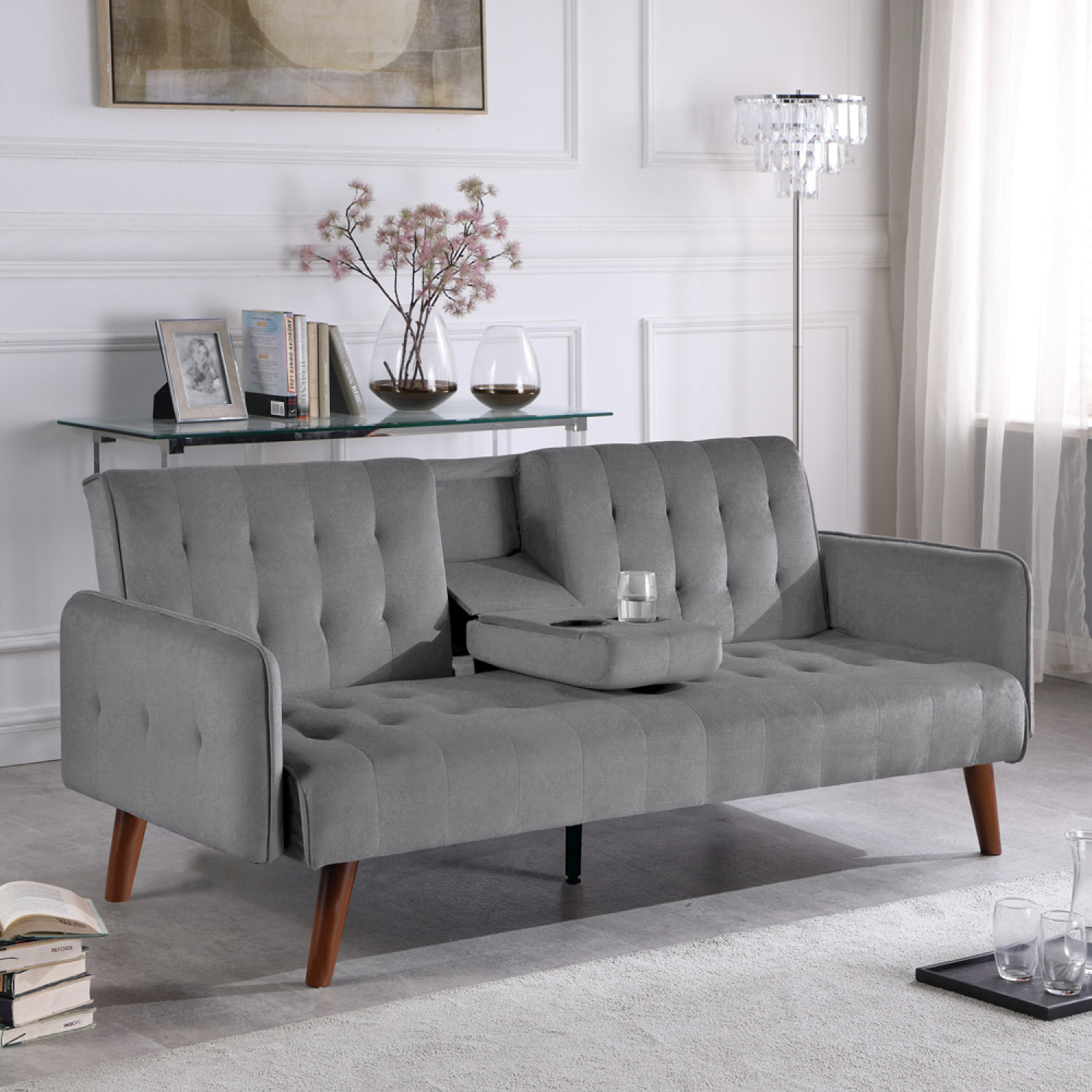 PERTH Canapé 3 places convertible en velours avec tablette centrale rabattable gris