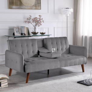 PERTH Canapé 3 places convertible en velours avec tablette centrale rabattable gris