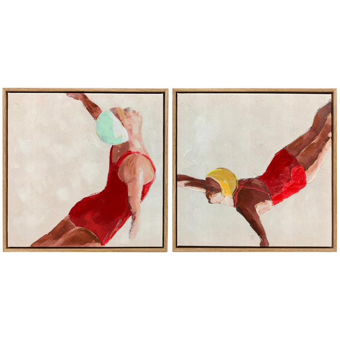 Cuadros en Lienzo de Figuras Dinámicas a Mano, 40x40 cm, 2 Piezas, Cuadros de Arte de Pared Enmarcados, Decoración Moderna para Dormitorio, Salón, Cocina, Rojo