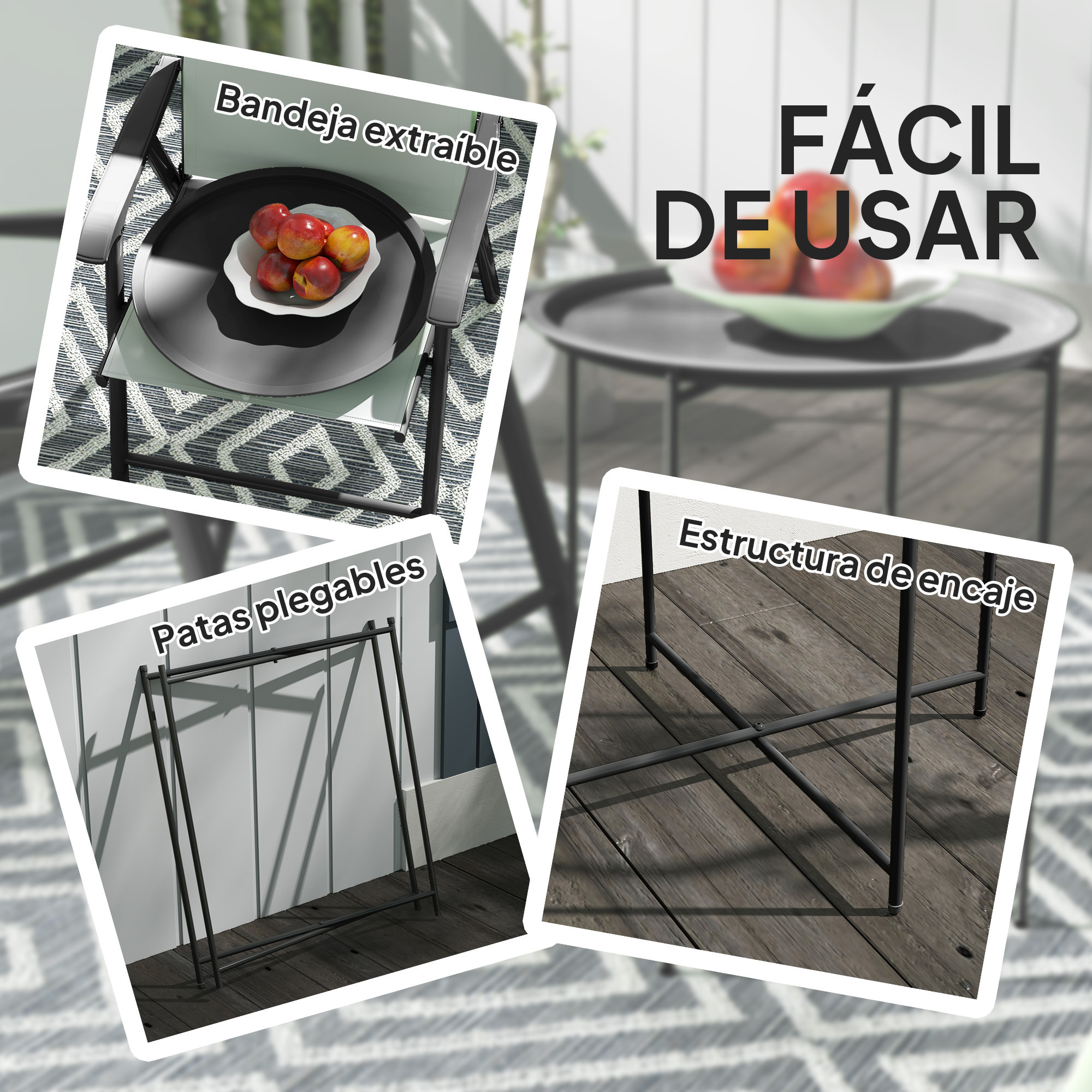 Mesa Auxiliar Redonda Mesa de Jardín Exterior con Bandeja Extraíble Patas Plegables Mesa para Exterior Terraza Patio Ø46x50 cm Negro