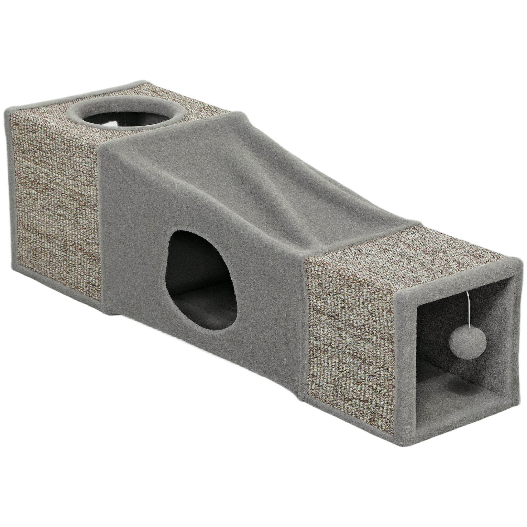 Tunnel grattoir niche modulable pour chat 3 en 1 - jeu balle suspendue - 4 entrées - peluche sisal gris
