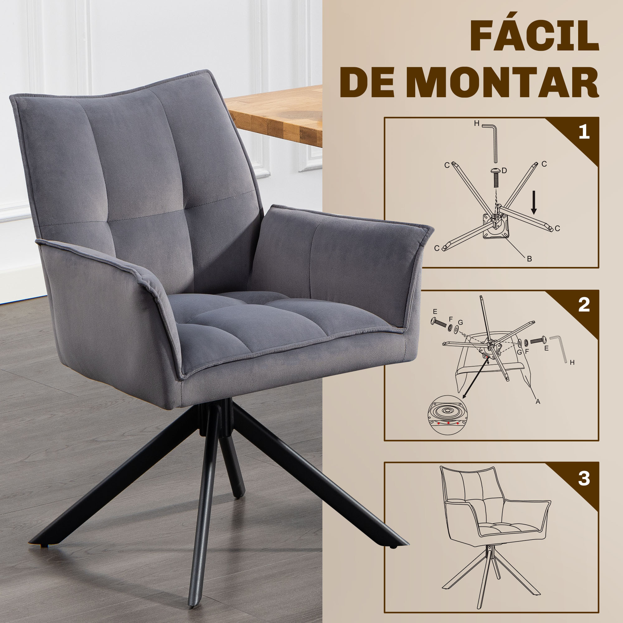 Juego de 2 Sillas de Comedor Giratorias 360°, Sillas de Cocina con Reposabrazos, Respaldo Acolchado, Tapizado en Terciopelo, Patas de Acero, para Oficina, Conferencia, Sala de Estar, Gris