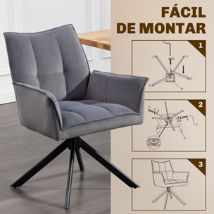 Juego de 2 Sillas de Comedor Giratorias 360°, Sillas de Cocina con Reposabrazos, Respaldo Acolchado, Tapizado en Terciopelo, Patas de Acero, para Oficina, Conferencia, Sala de Estar, Gris
