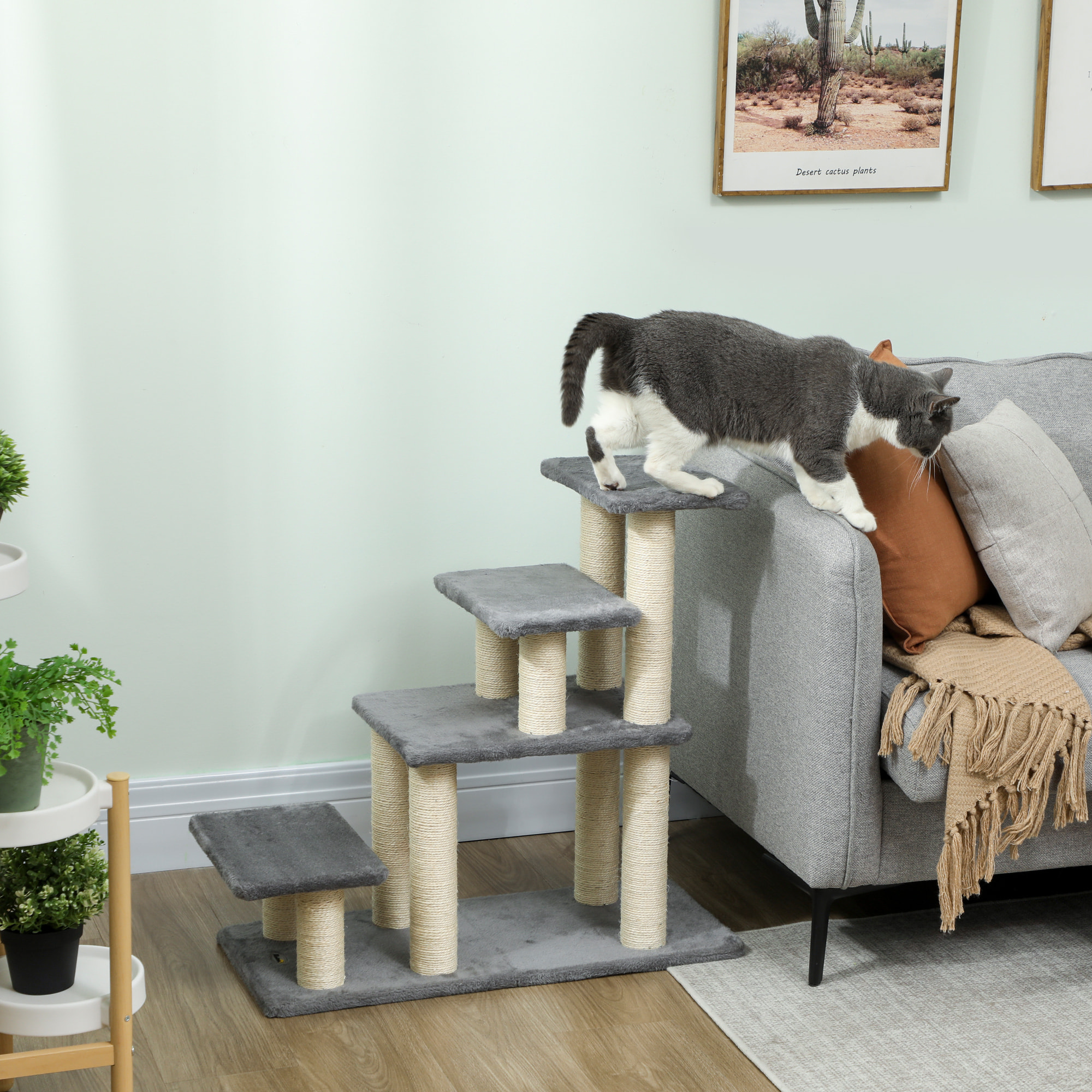 Escalier pour chat 4 marches - 8 poteaux griffoirs, jeu boule suspendue - sisal peluche gris