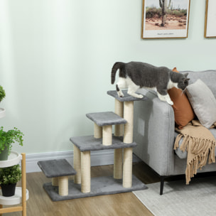 Escalier pour chat 4 marches - 8 poteaux griffoirs, jeu boule suspendue - sisal peluche gris