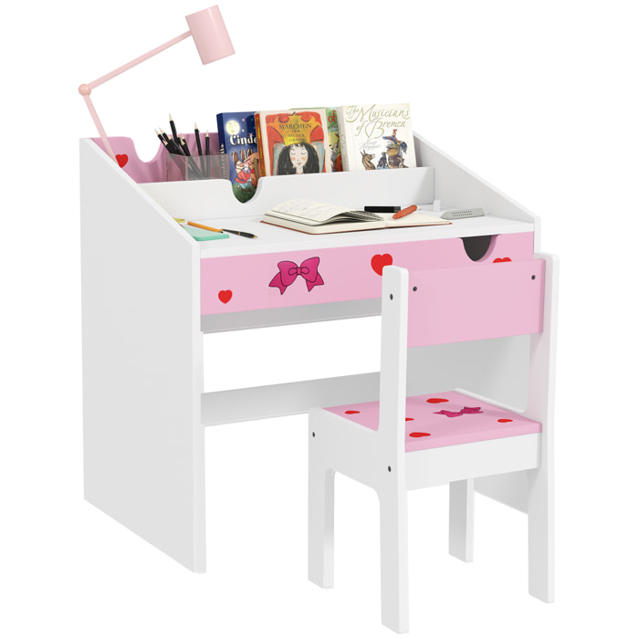 Juego de Escritorio y Silla para Niños de +3 Años Pupitre Infantil con Cajón Extraíble y Compartimento para Dormitorio Sala Estudio Rosa y Blanco
