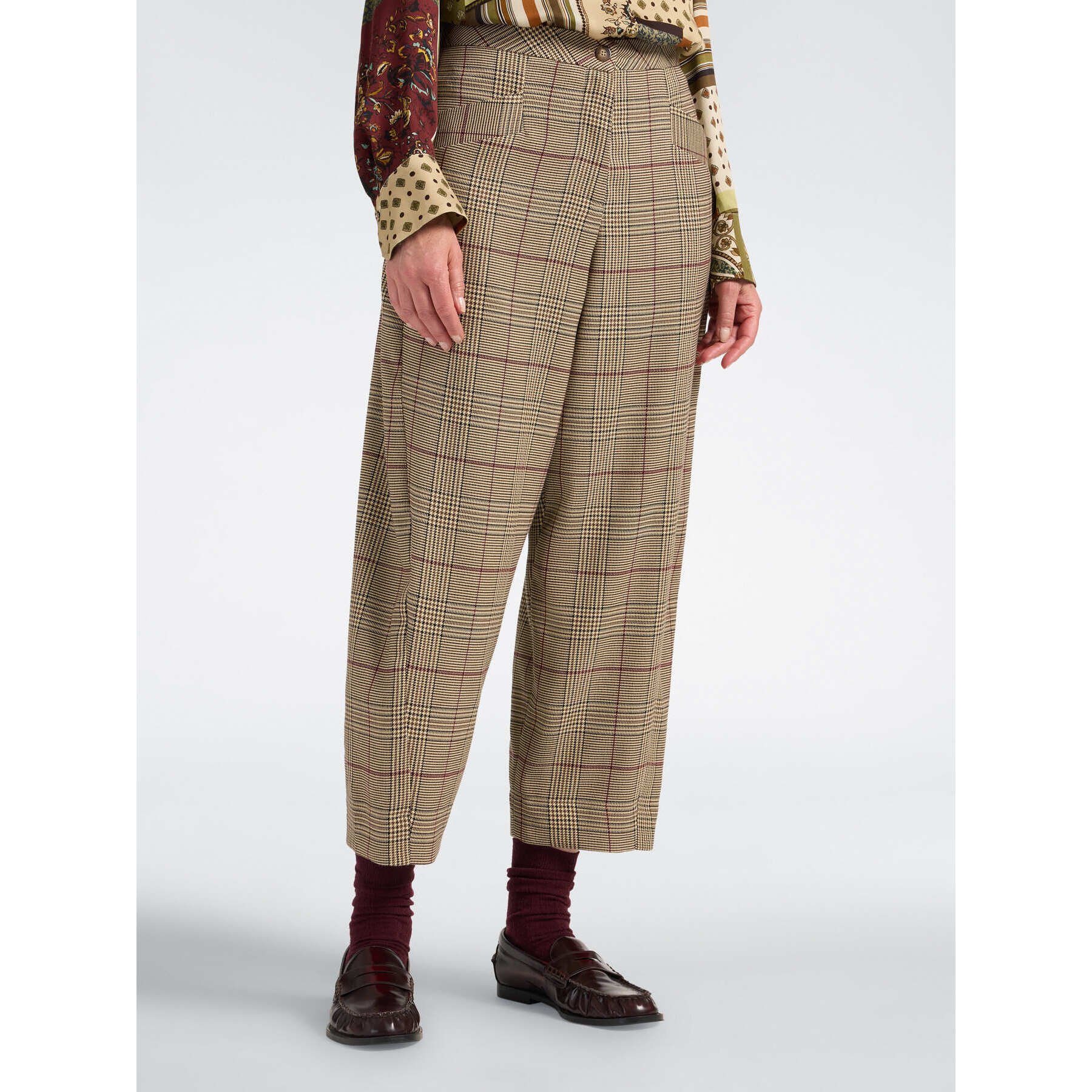 Elena Mirò - Pantalones cropped de gabardina a cuadros - Burgundy