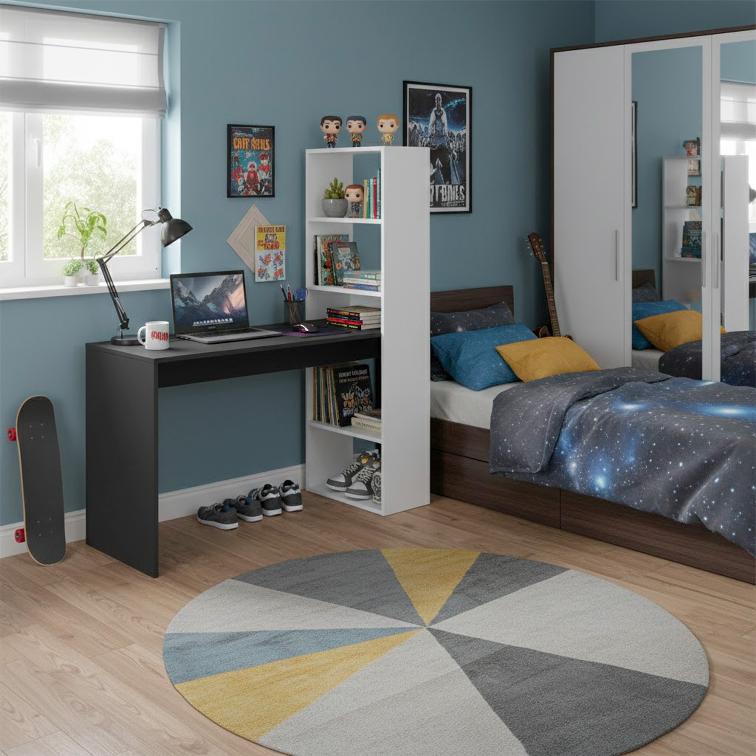 Scrivania Con Libreria Reversibile Kirkensen Scrittoio Scaffali Laterali Mobile Desk da Ufficio Soggiorno 120 x 144 x 53 cm Bianco e Grigio Antracite