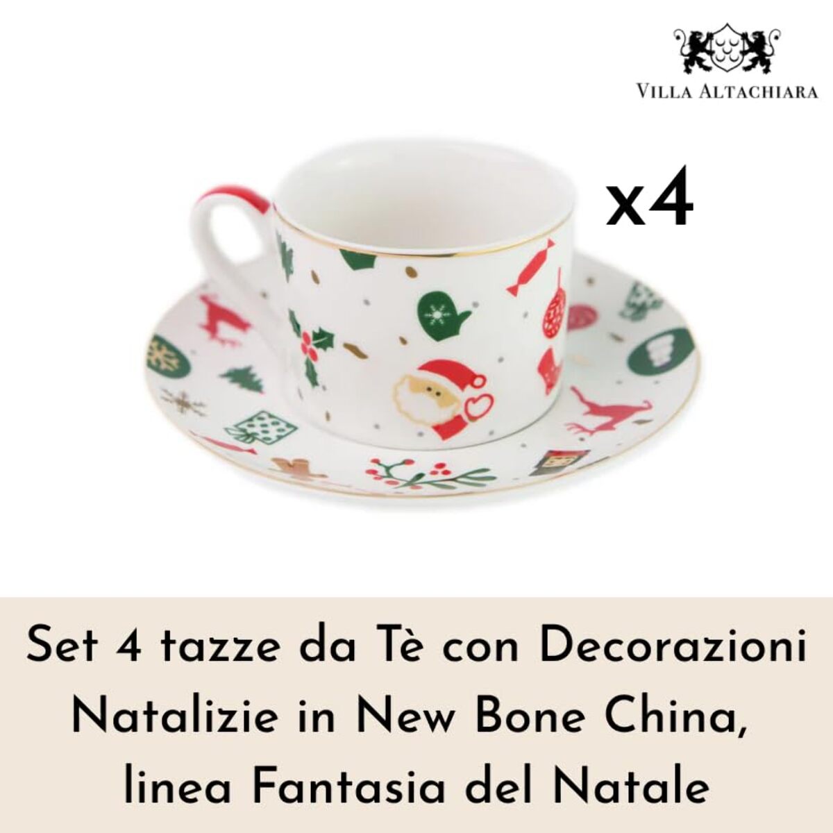 Set 4 tazze da tè Fantasia del Natale in new bone china