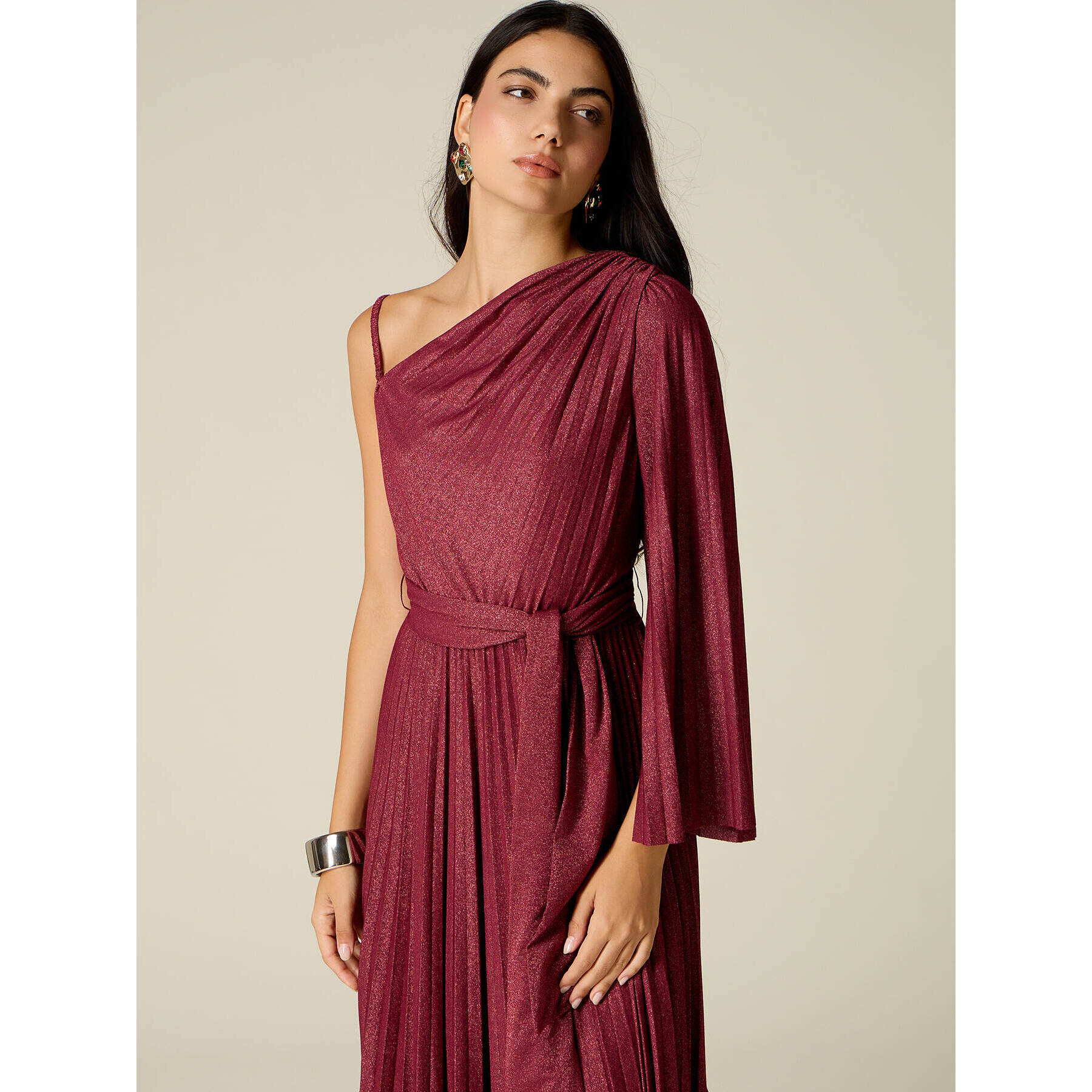 Oltre - Vestido asimétrico plisado en jersey lurex - Burgundy
