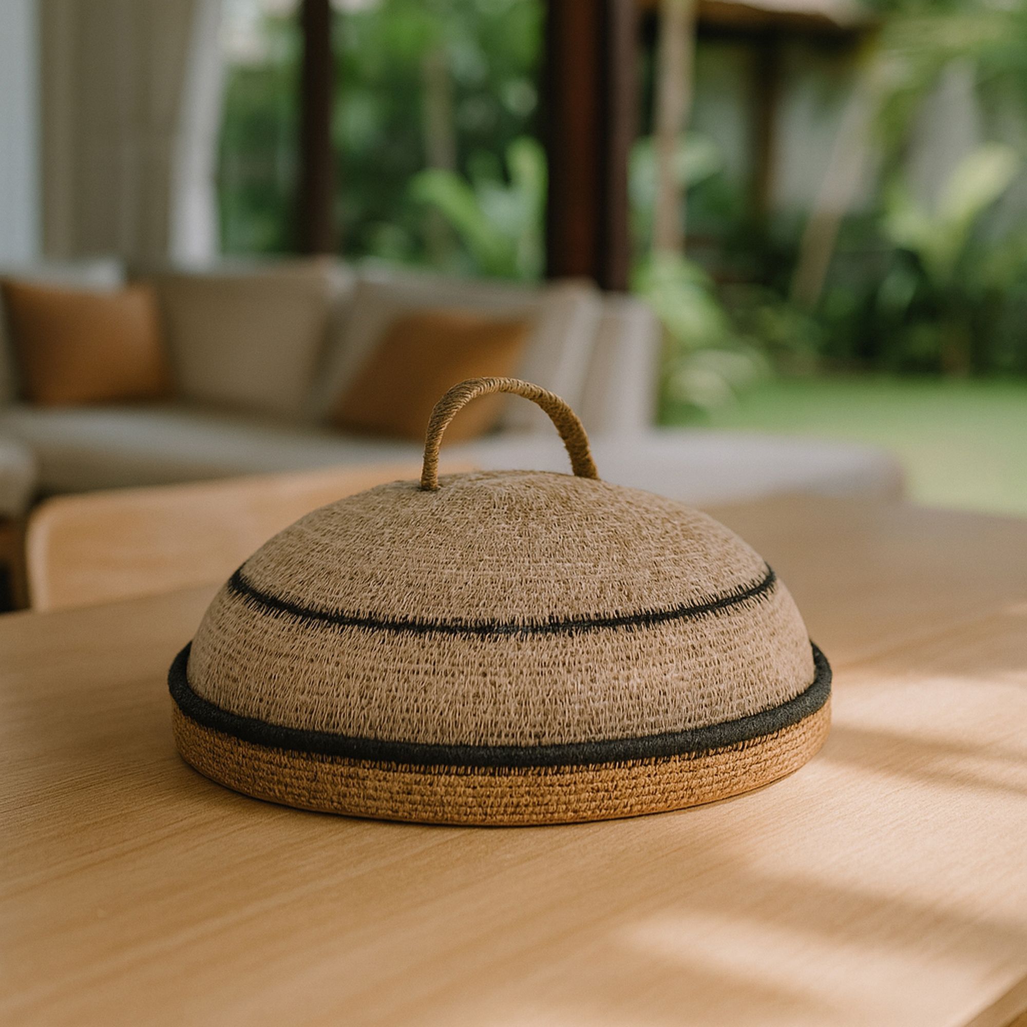 Panier avec cloche d33cm en jonc de mer naturel et safran dune