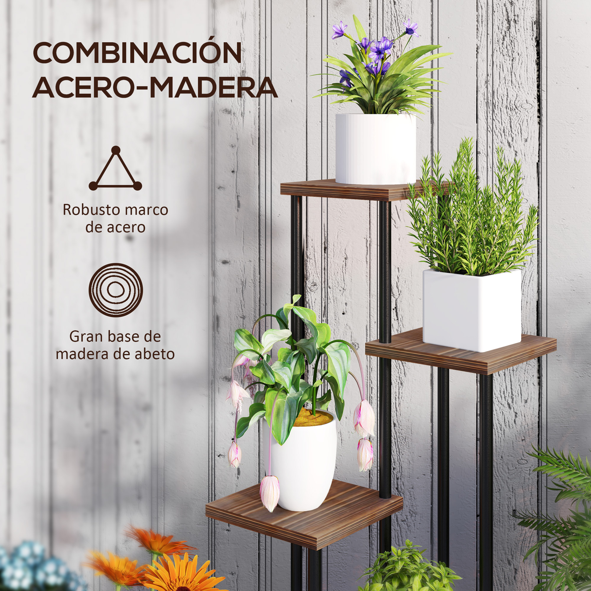 Estantería para Plantas de 5 Niveles Soporte para Plantas de Madera y Acero con 5 Estantes Cuadradas y 4 Ruedas Soporte para Macetas para Interior y Exterior 59x59x110 cm Carbonizado