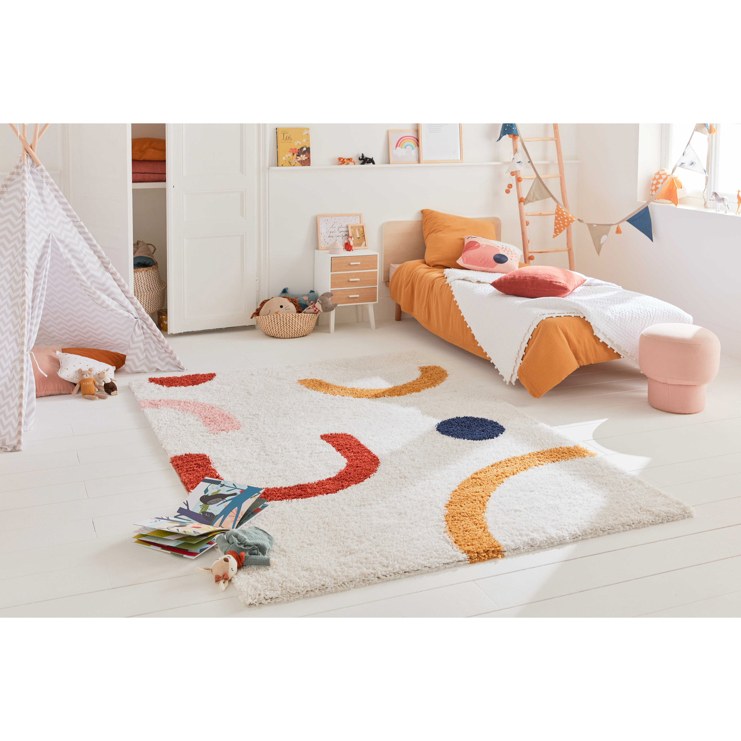 Aquarelle - tapis enfant en laine artificielle à motif ludique multicolore