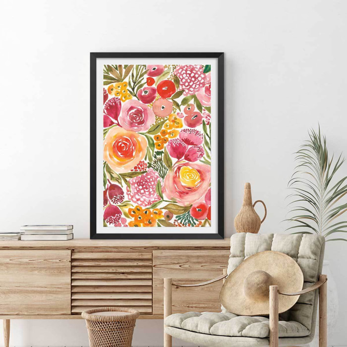Poster fleurs pivoine Affiche + cadre en bois - Noir