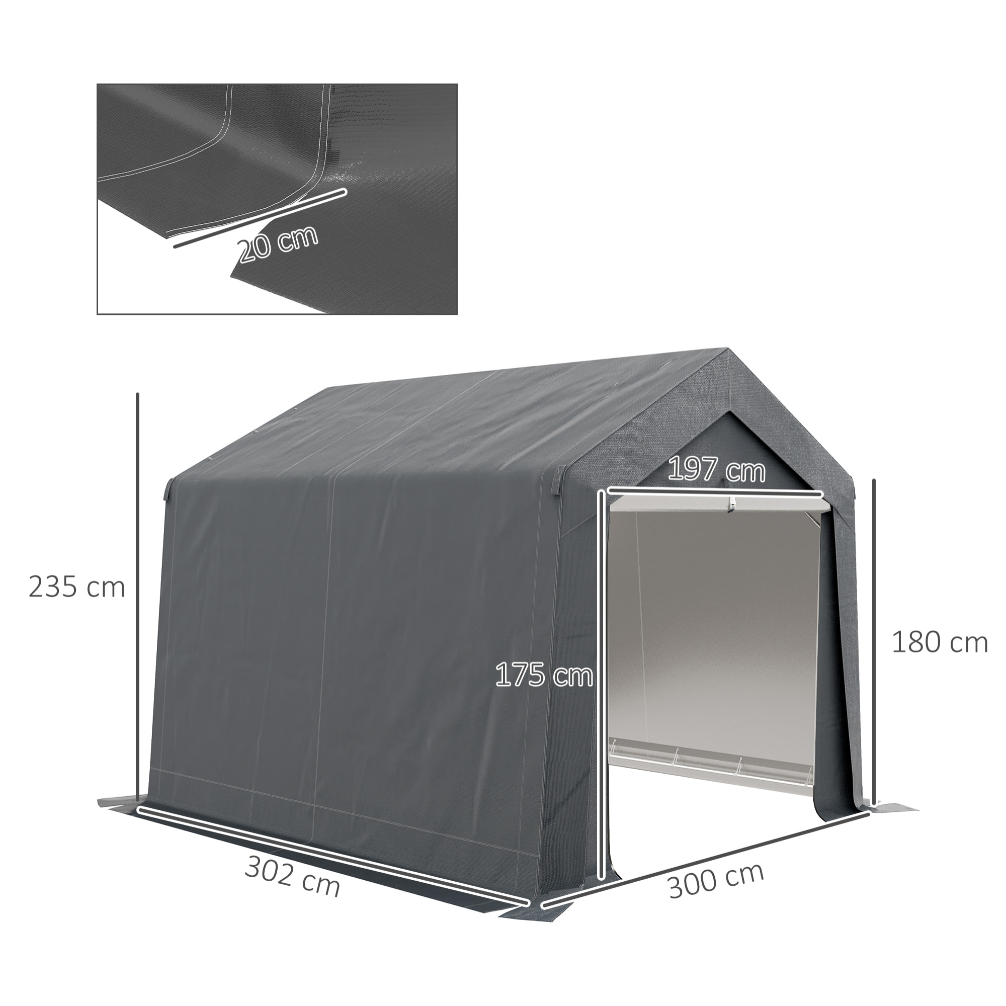 Abri de jardin, tente de stockage, 3 x 3 m, imperméable et anti-UV, cadre en acier galvanisé et grande porte, abri de vélo garage pour extérieur, gris foncé