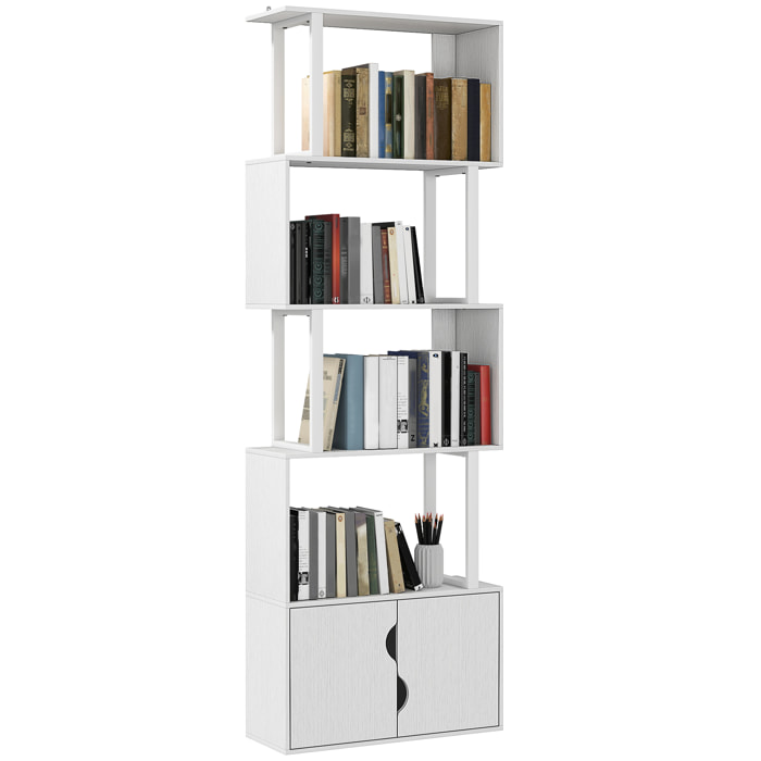 Librería de 5 Niveles en Forma de S Estantería de Libros con 5 Estantes y 2 Puertas para Sala de Estar Oficina Estudio Dormitorio 60x23,8x179,2 cm Blanco