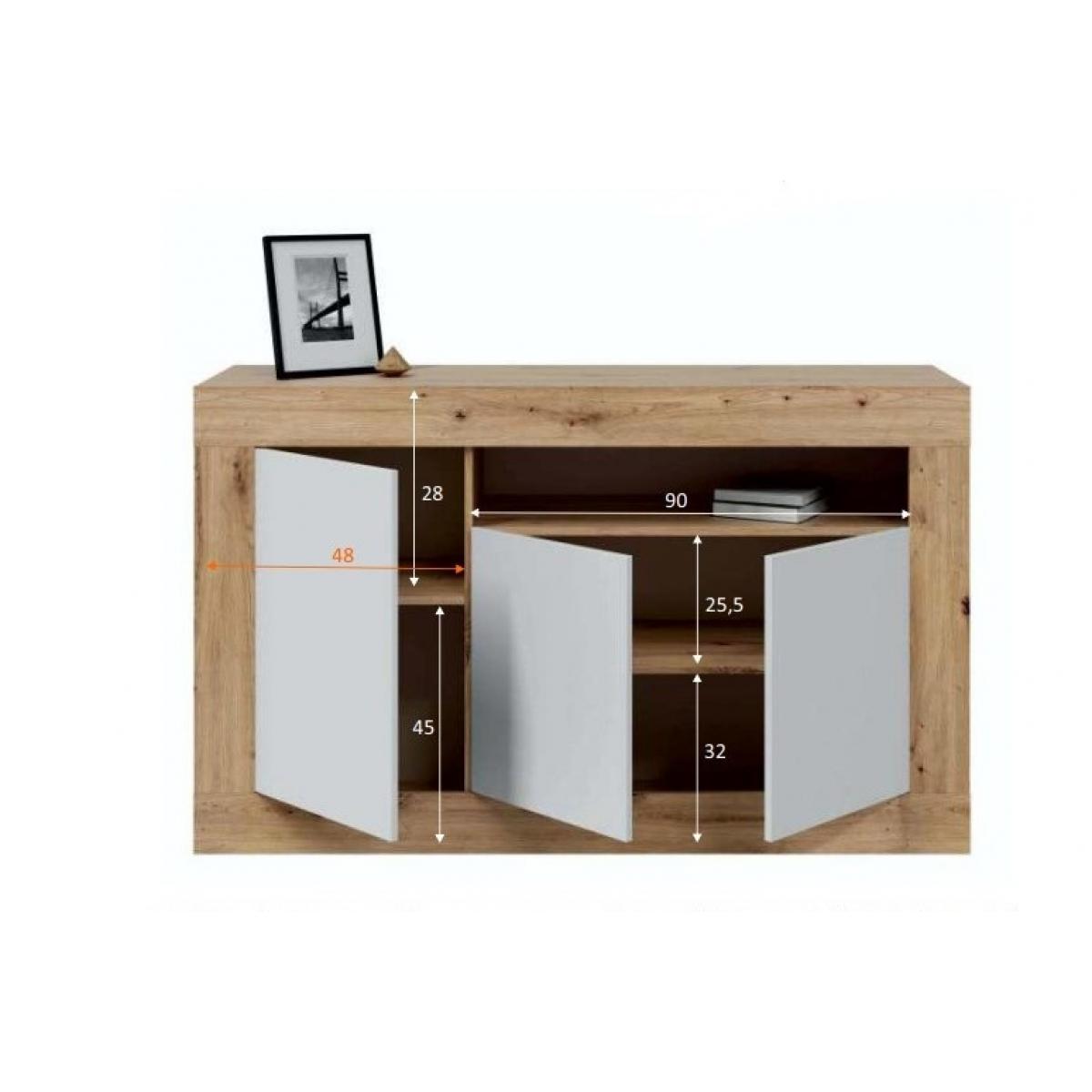 Credenza Thornton, Madia moderna a 3 ante, Buffet da soggiorno con scomparti, Madia da salotto, Mobile Porta TV, cm 144x42h87, Rovere nodi e Bianco