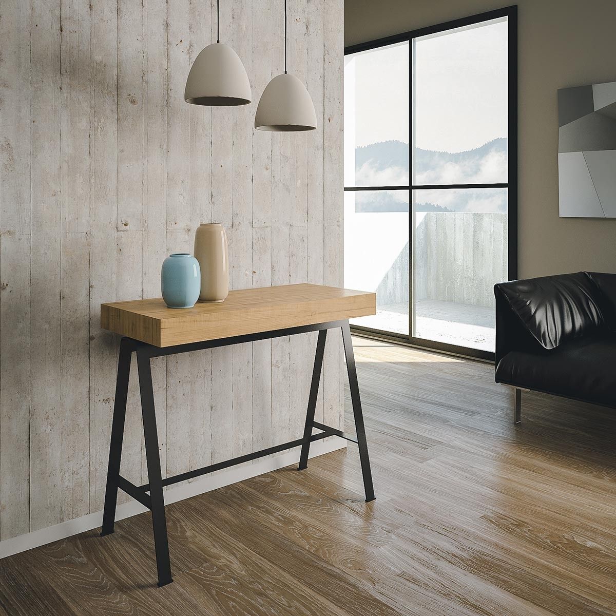 Consola extensible 90x40/196 cm Banco Small Roble Natural estructura Antracita