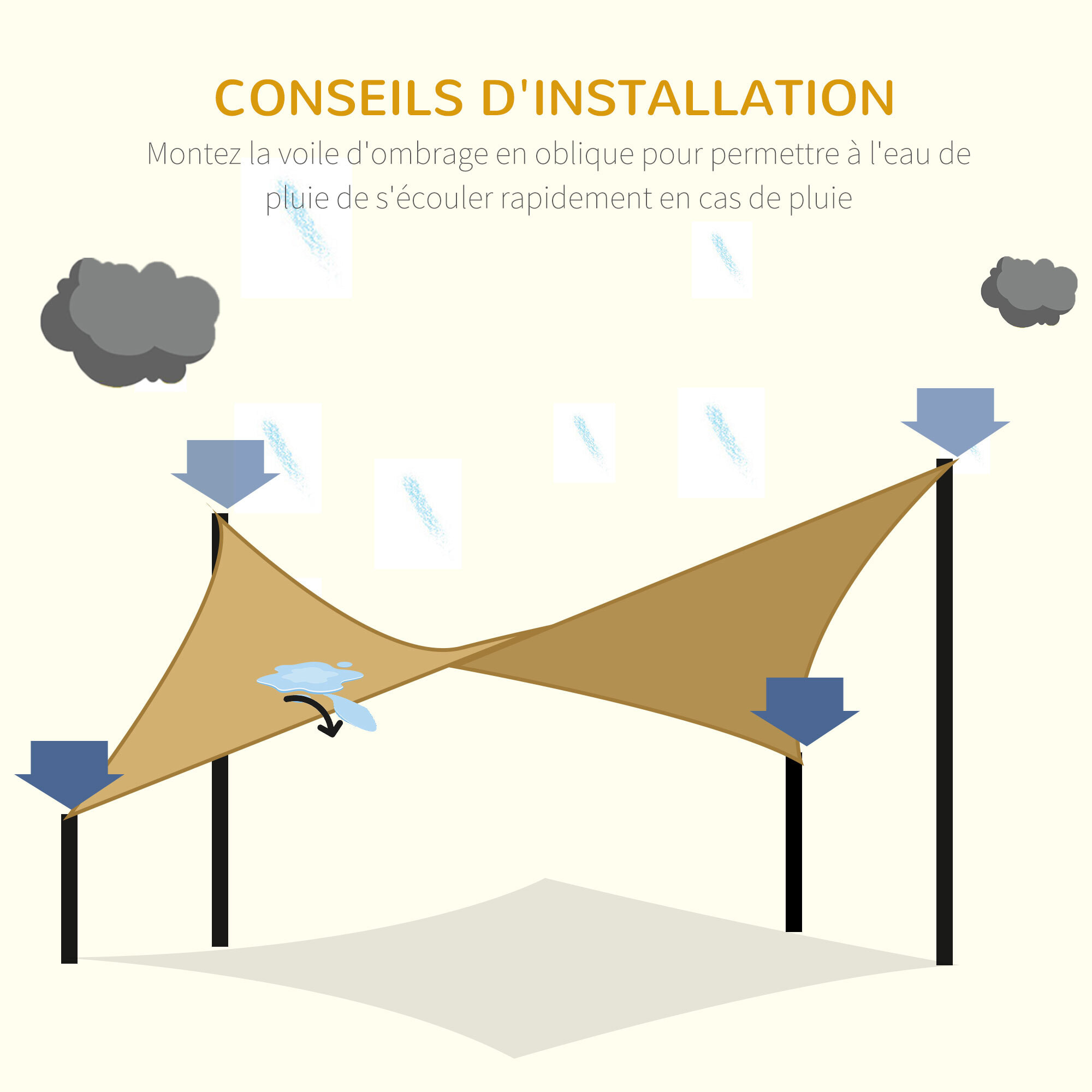 Voile d'ombrage rectangulaire grande taille 4 x 3 m polyéthylène haute densité HDPE résistant aux UV beige