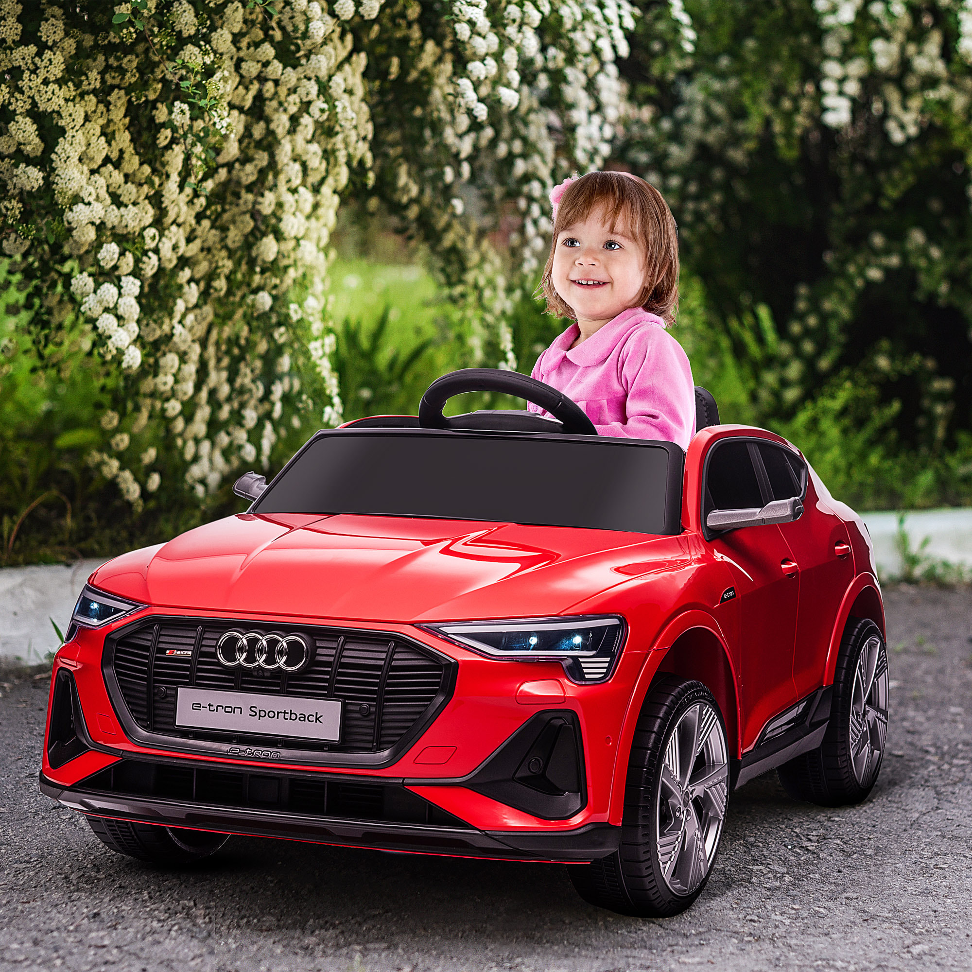 Coche Eléctrico para Niños Audi E-tron Coche de Batería para Niños 12V con Mando a Distancia Faros Bocina Música Velocidad 3-5 km/h Cinturón de Seguridad Rojo