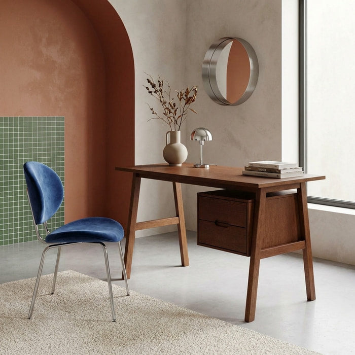 Bureau bois d'hévéa et placage chêne 2 tiroirs ALANA