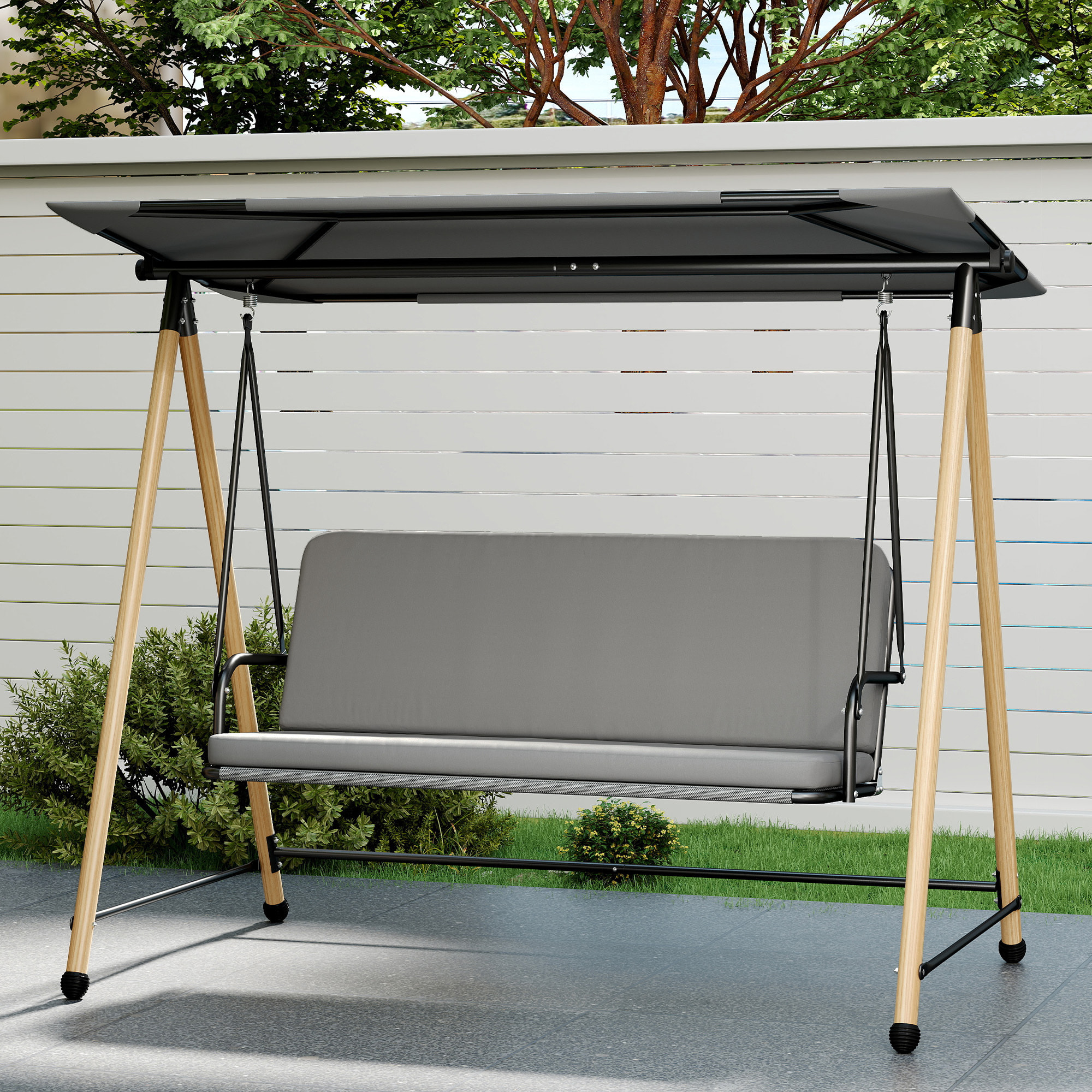 Balancelle de jardin 3 places design structure acier effet bois auvent réglable gris
