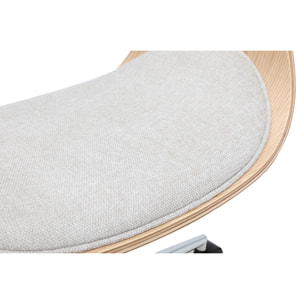 Chaise de bureau à roulettes design en tissu effet velours texturé beige, bois clair et acier chromé BENT