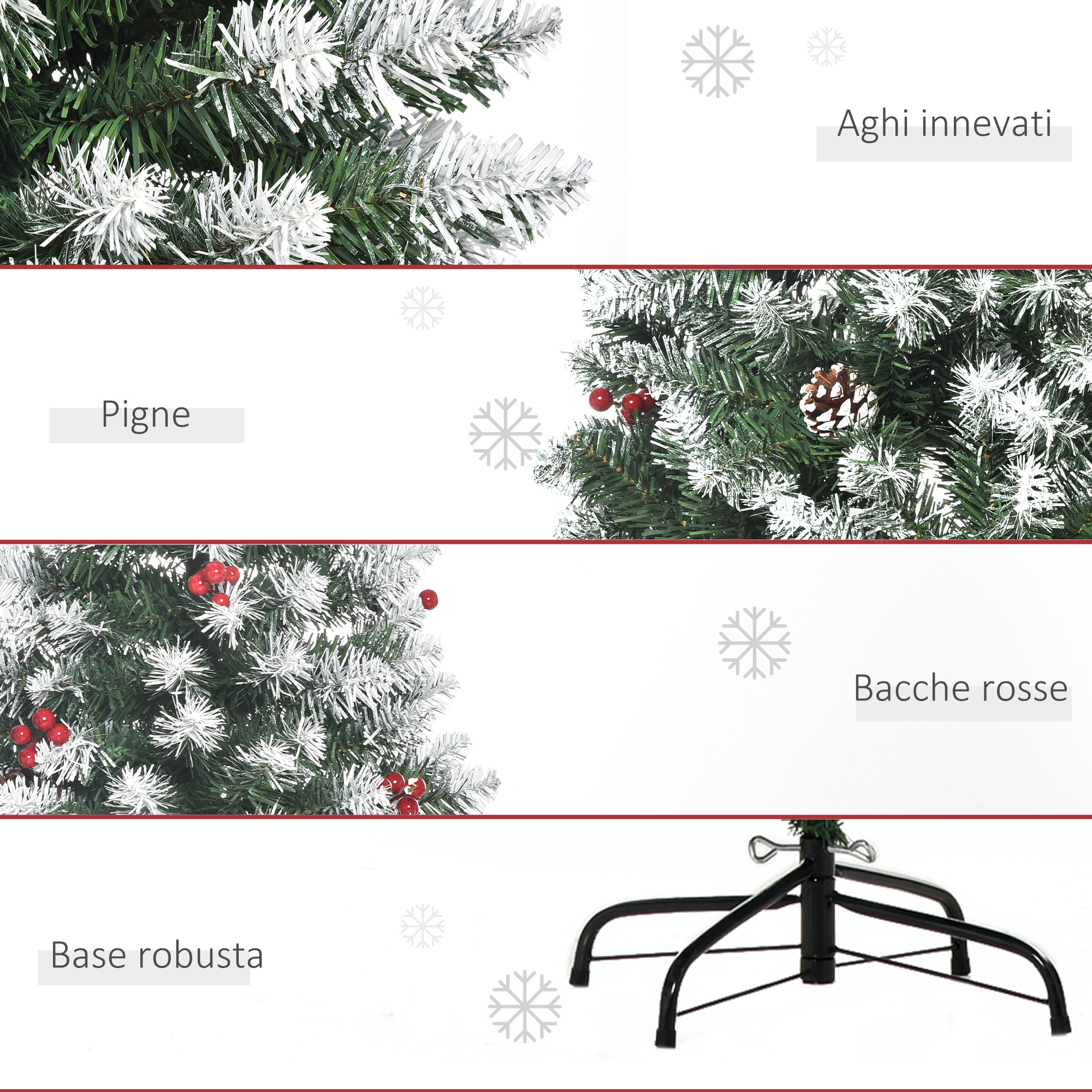 HOMCOM Albero di Natale Innevato Artificiale con Pigne Bianche Base Rimovibile Pieghevole 180cm - Verde