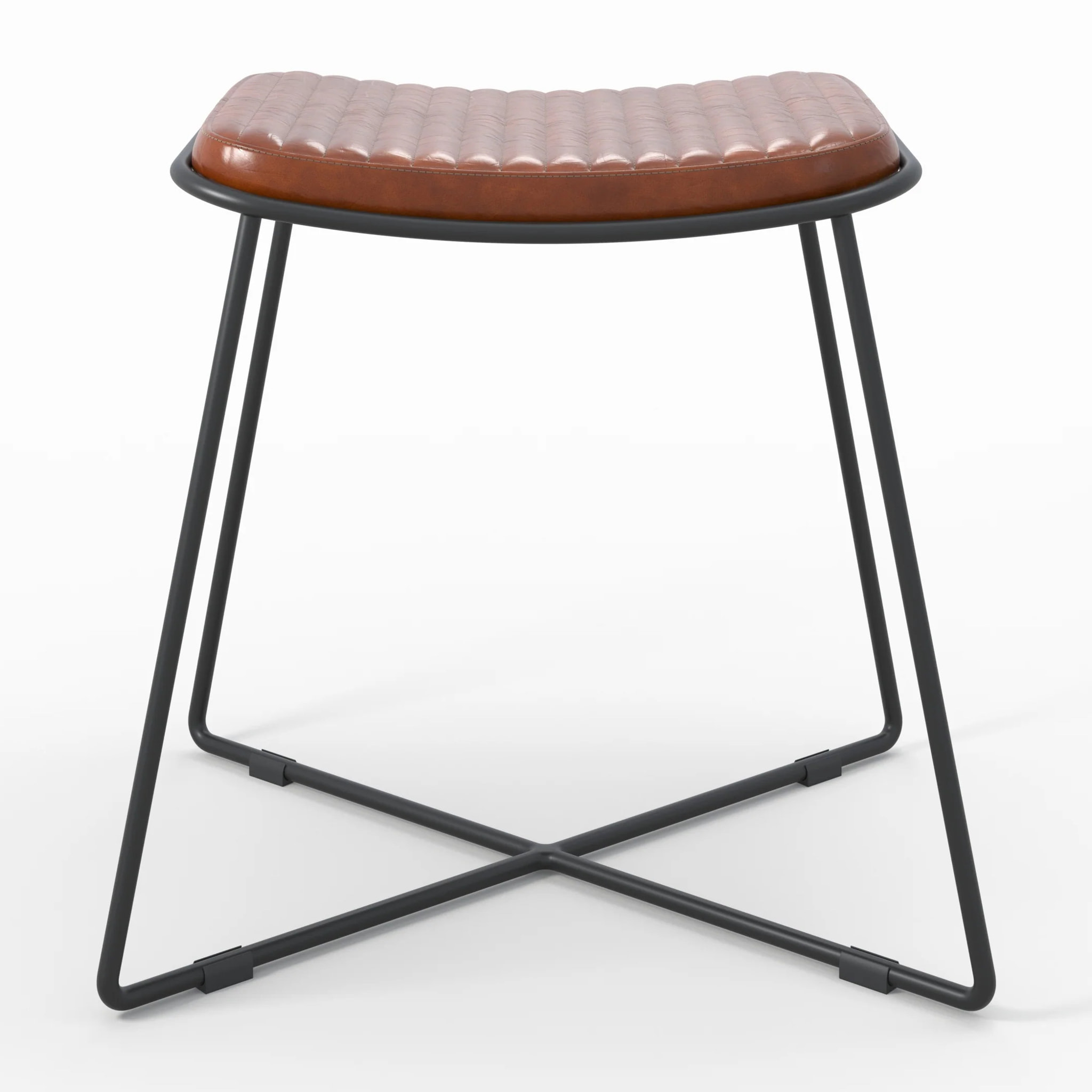 Tabouret en cuir marron et pieds en métal noir - Germain