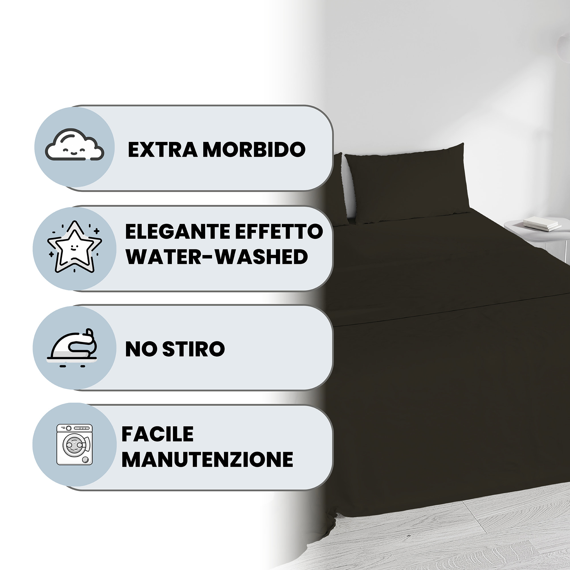 COMPLETO LETTO WATER WASHED, 100% Microfibra, No Stiro - MARRONE