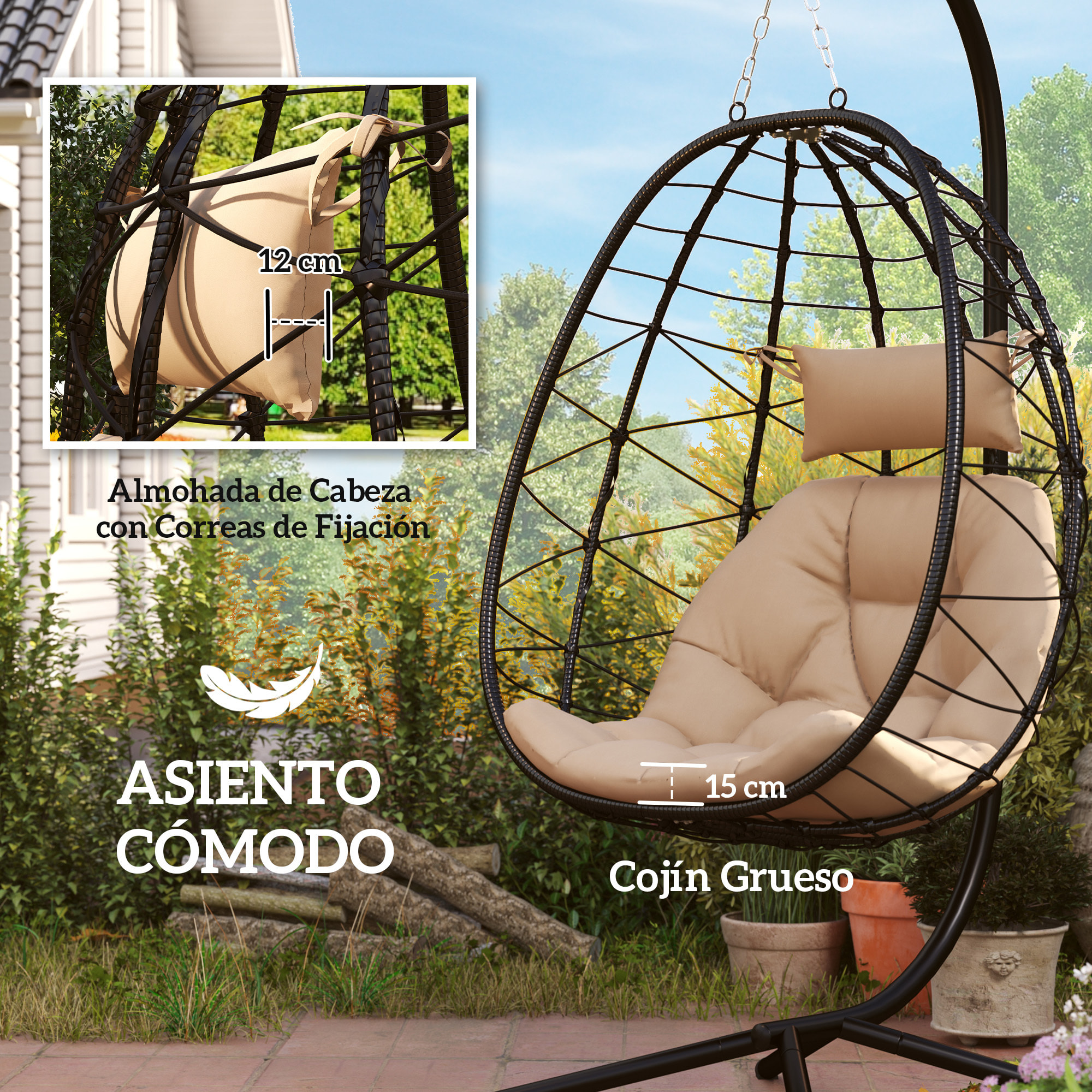 Silla Colgante Huevo con Soporte Columpio Jardín Exterior con Cesta Plegable Cojín y Reposacabezas Columpio Colgante para Interior y Exterior Carga 120 kg Caqui
