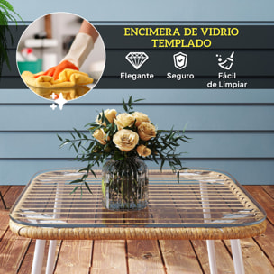 Mesa de Jardín de Ratán Sintético Mesa para Exterior con Encimera de Vidrio Templado y Patas Ajustables Mesita Auxiliar para Patio Terraza Balcón Natural y Blanca