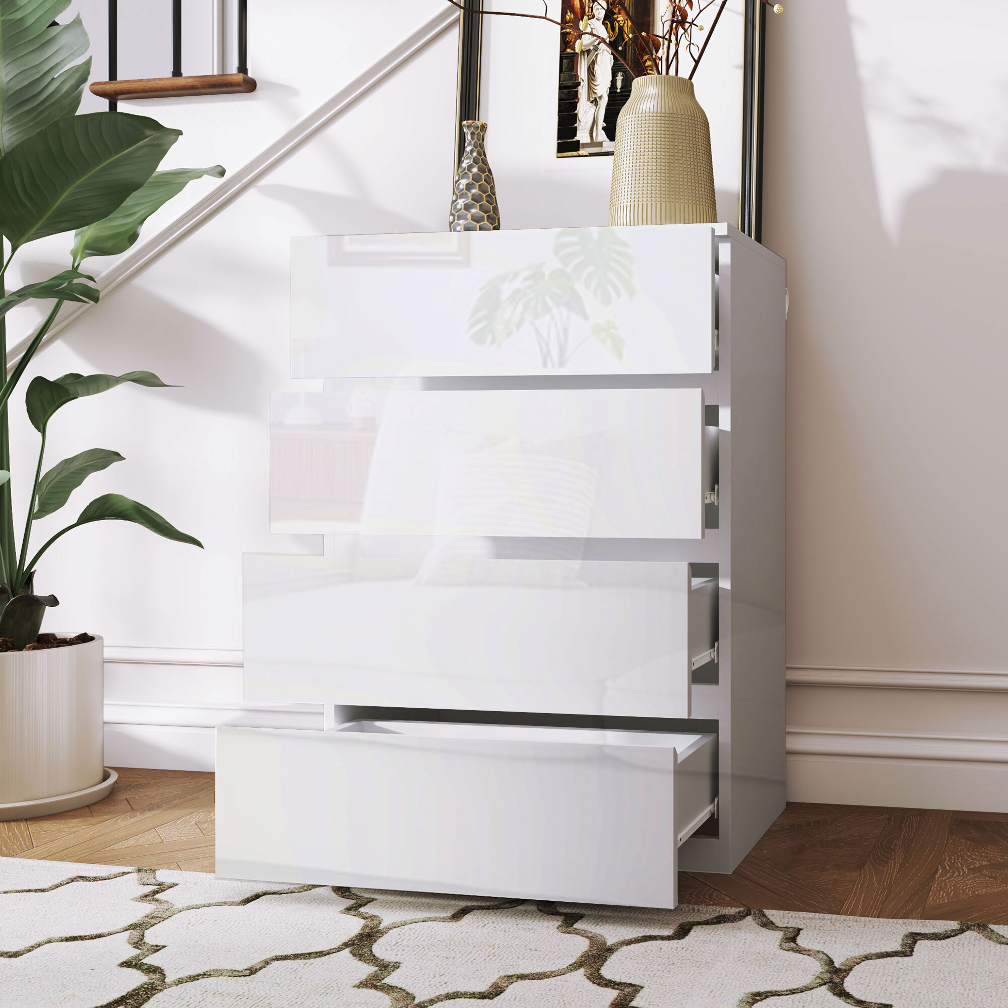 Cómoda con 4 Cajones Cómoda de Dormitorio Moderno con Diseño Anti-vuelco Cajonera para Salón Pasillo 55x33x80 cm Blanco Brillante