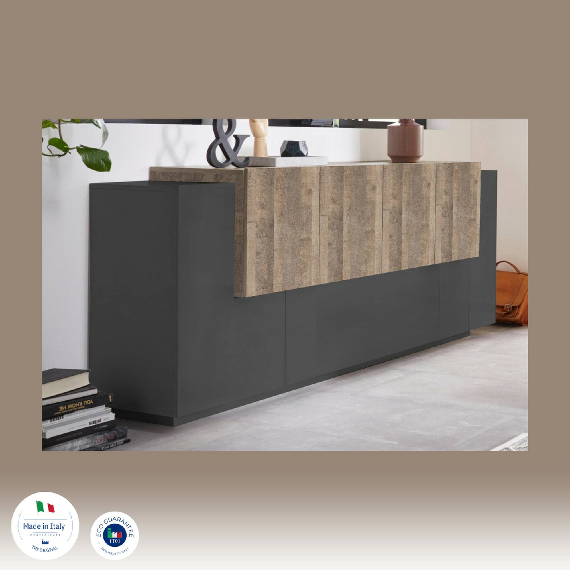 Credenza Gennaro, Madia da cucina a 7 ante, Buffet da soggiorno, Madia da cucina, 100% Made in Italy, cm 200x45h86, Antracite e Acero