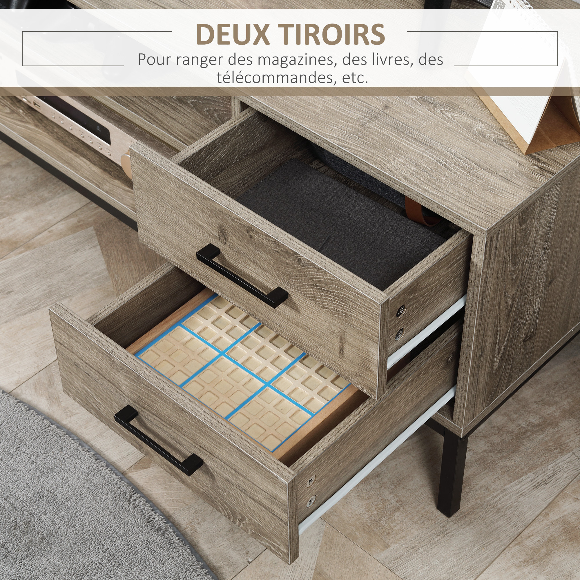 Meuble TV banc TV design industriel - porte, 2 tiroirs, 2 niches - piètement acier noir - aspect bois gris