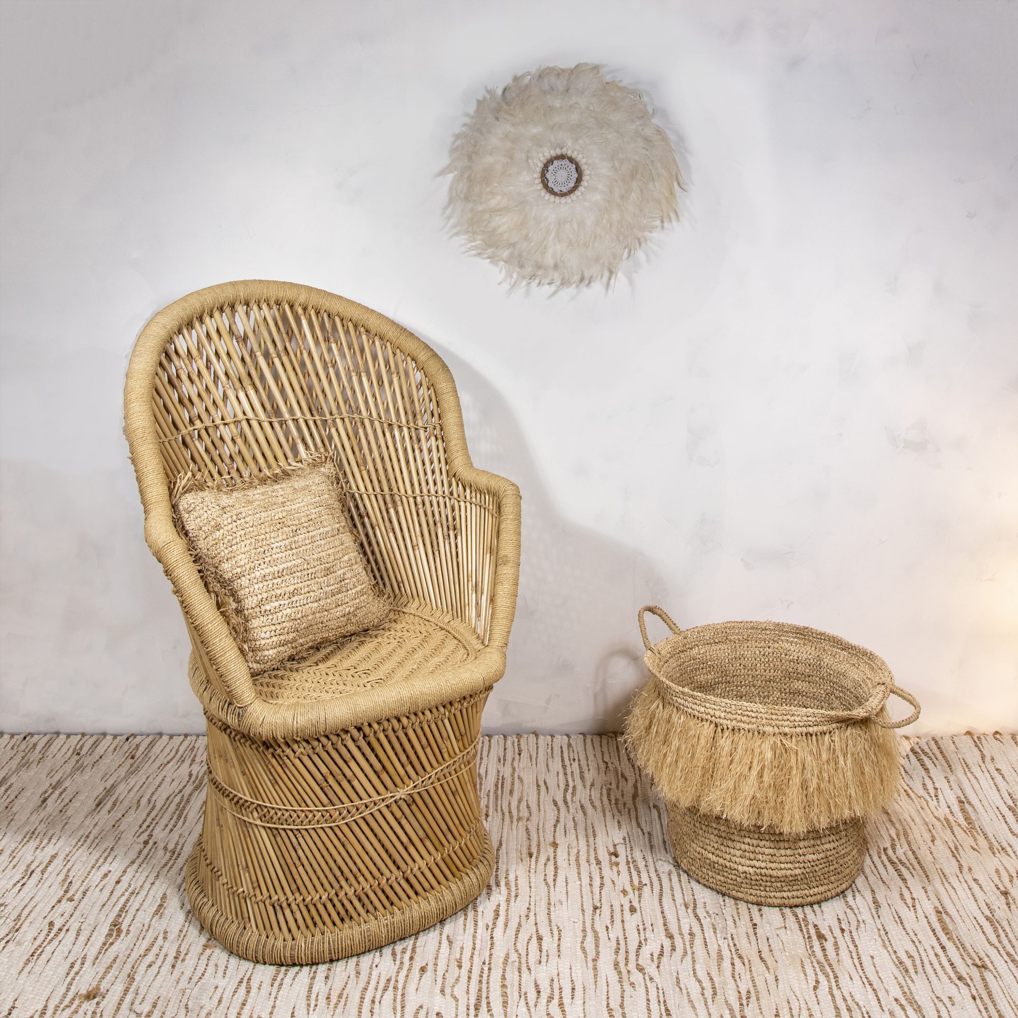 Panier à franges en raphia naturel avec anses 48cm LUYS
