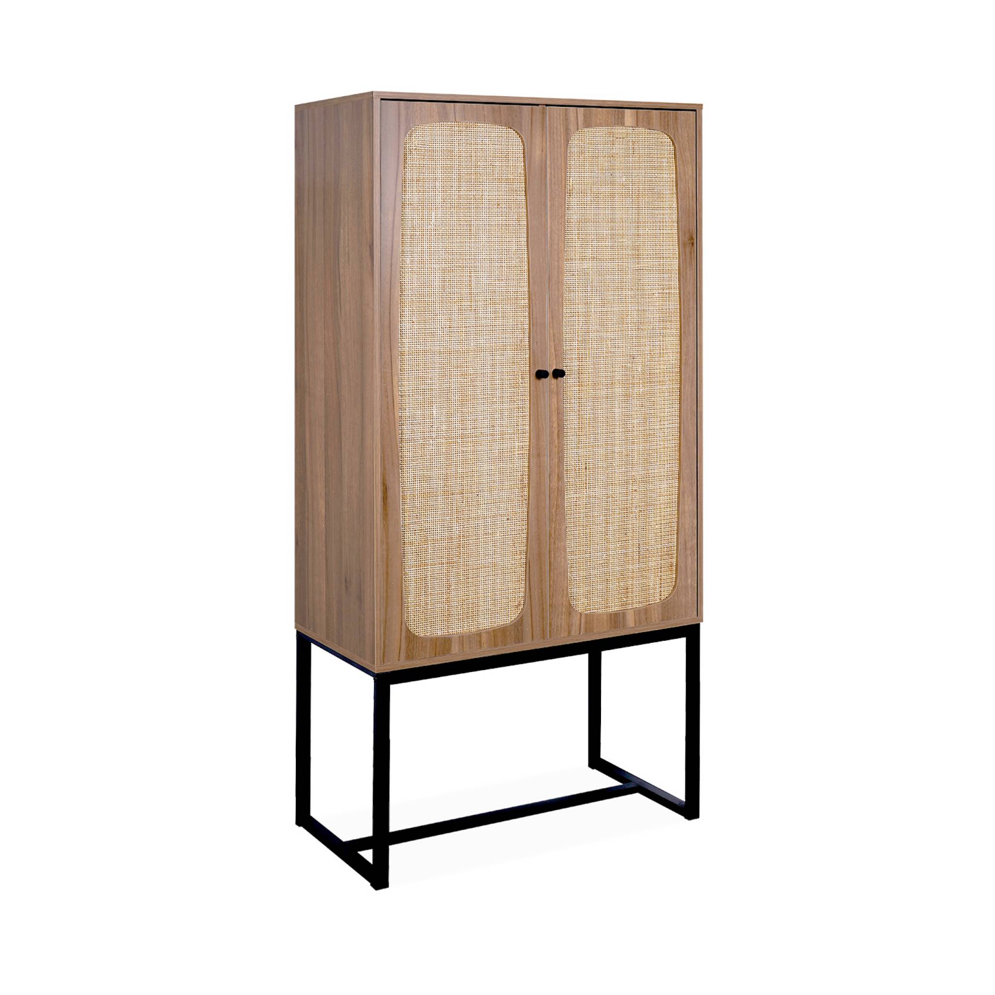 Buffet rétro décor bois foncé et cannage 2 portes avec pieds en métal noir H165cm
