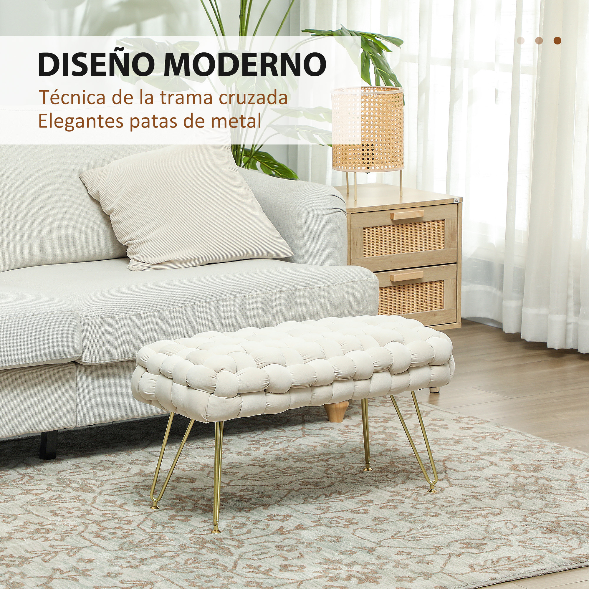 Banco Pie de Cama Tapizado en Terciopelo Banco Otomano Pie de Cama con Patas Doradas y Asiento Acolchado para Dormitorio Entradas Crema