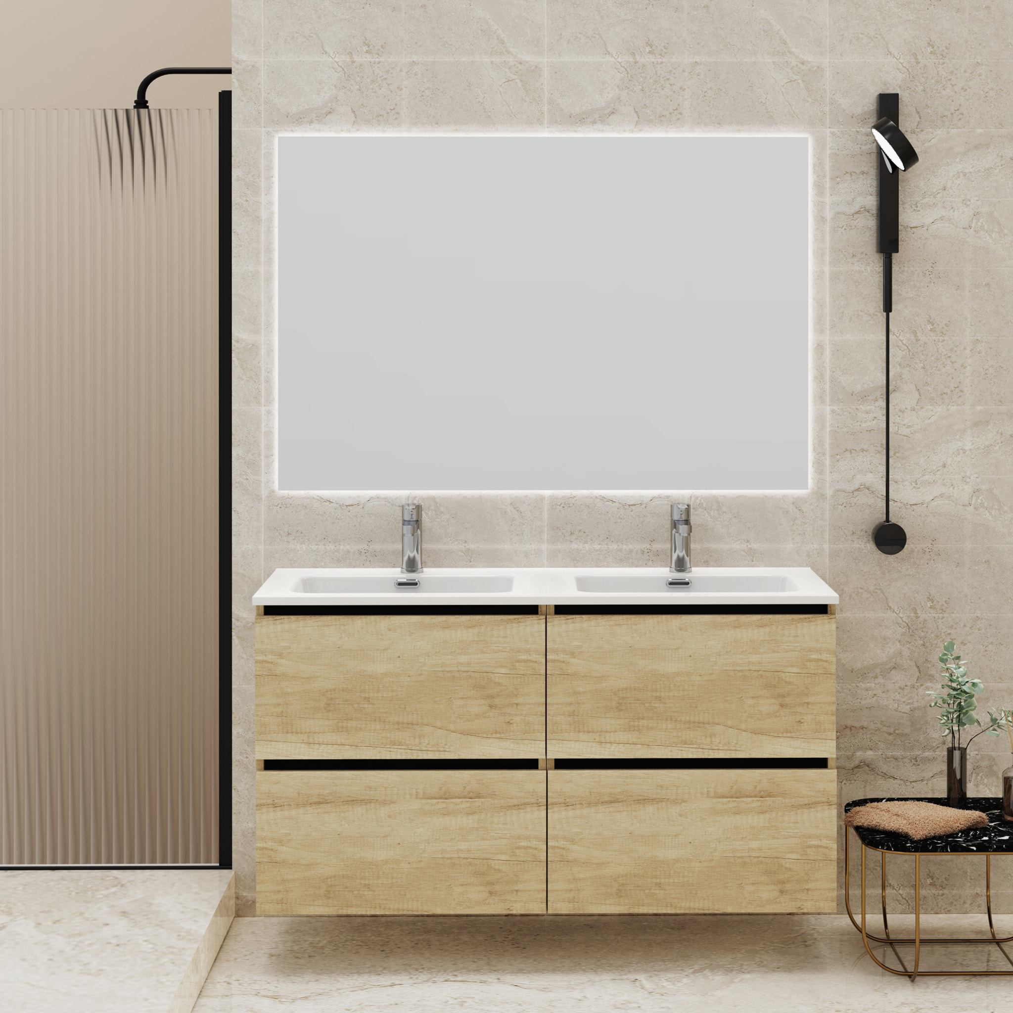 ENSEMBLE SALLE DE BAIN GLOOM | MEUBLE SUSPENDU | 140 CM NATURE | 4 TIROIRS | LAVABO ENCASTRÉ | MEUBLE MONTÉ | ALDAY